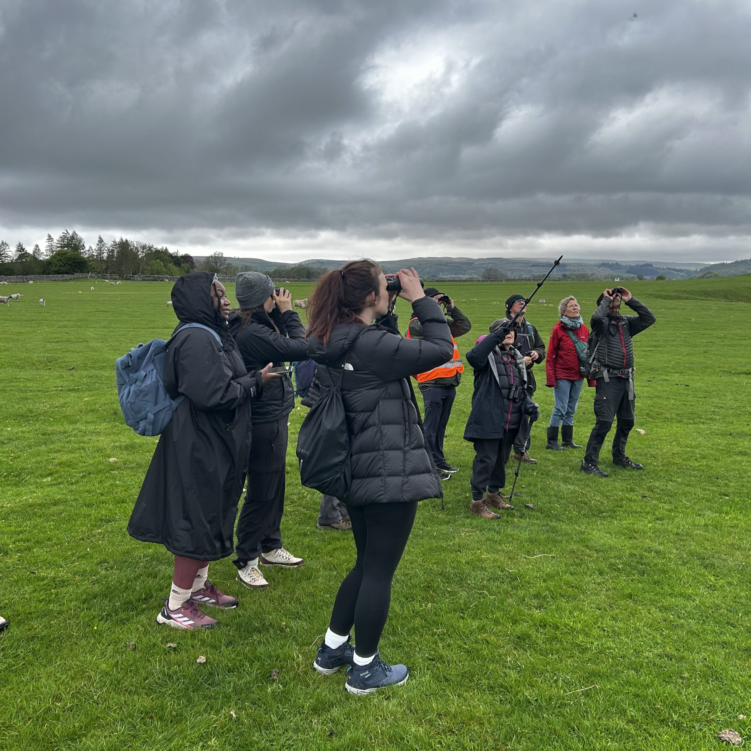 A group of people stood in a field looking a the sky with binoculars.